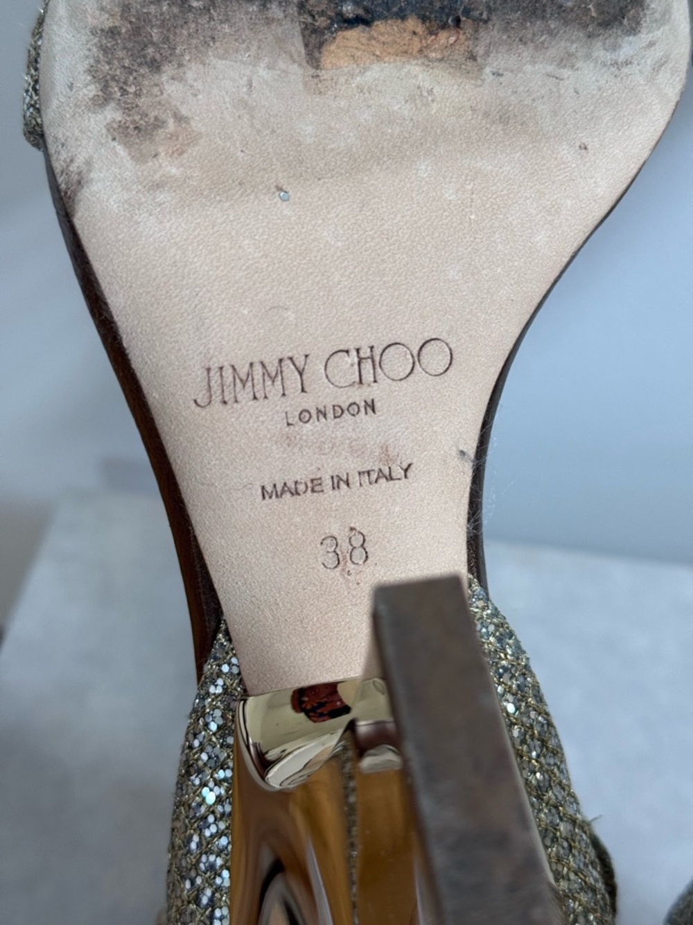 Jimmy Choo Edina 85 mm champagne Metallic Gold Glitter Ankle-Strap Block Heels - Picture 11 of 12